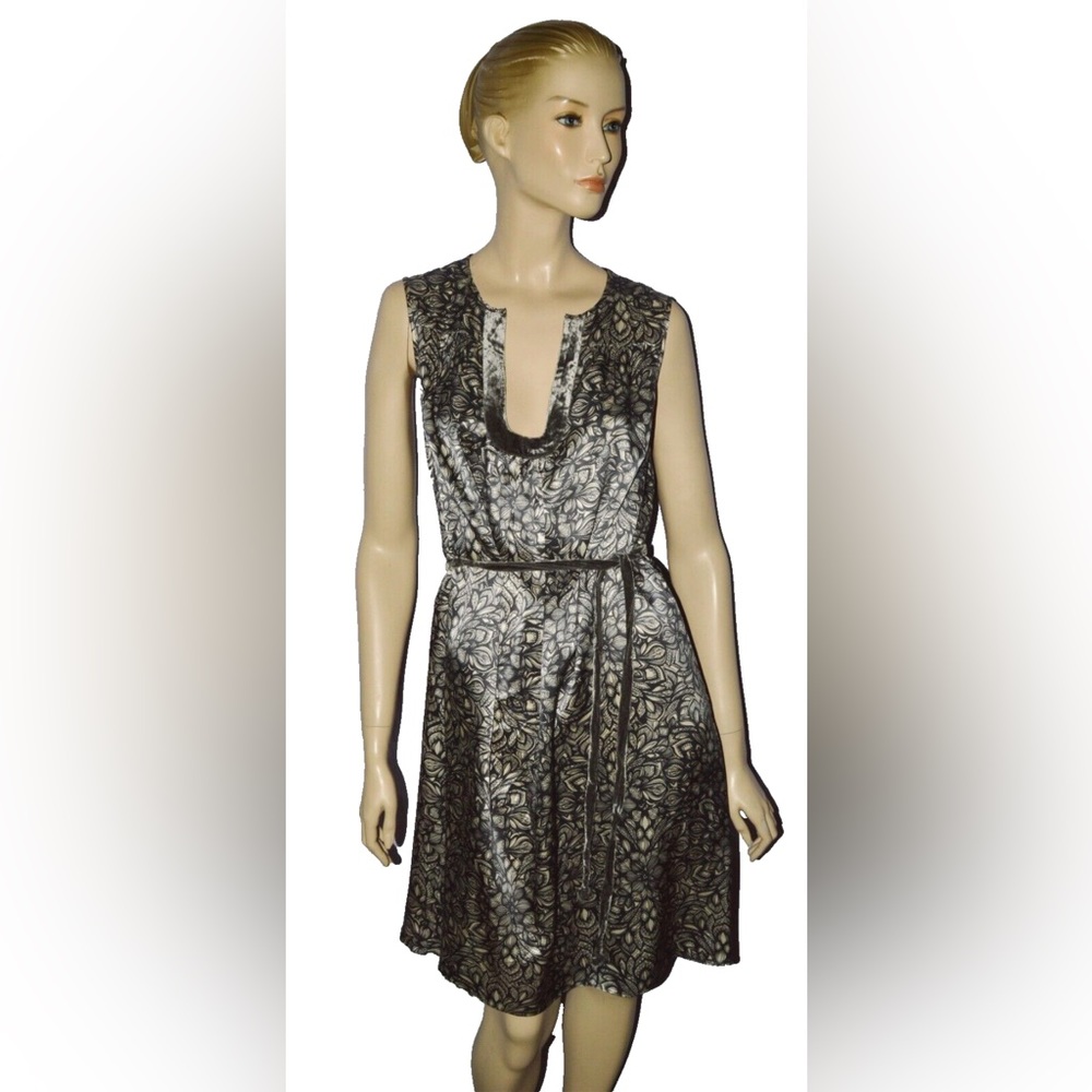 BETH BOWLEY NORDSTROM NEW $242 NWT SZ 12 CHARCOAL IVORY SILK VELVET BELTED DRESS